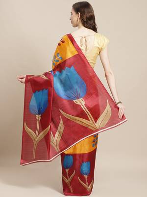 Yellow printed art silk saree with blouse 2