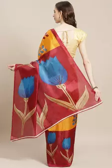 Yellow printed art silk saree with blouse