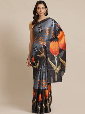 Black printed art silk saree with blouse 1