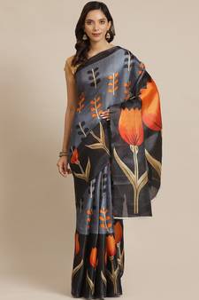 Black printed art silk saree with blouse