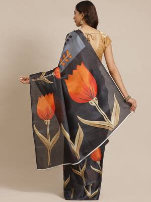 Black printed art silk saree with blouse 2