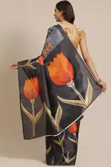 Black printed art silk saree with blouse