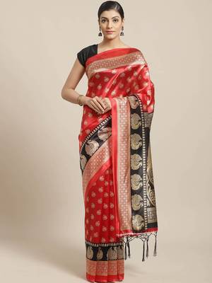 Red printed art silk saree with blouse 1
