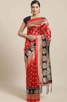 Red printed art silk saree with blouse