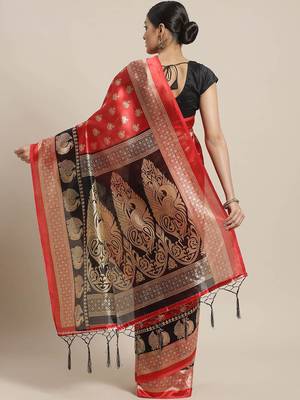 Red printed art silk saree with blouse 2