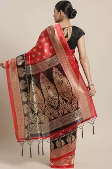 Red printed art silk saree with blouse