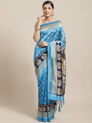 Blue printed art silk saree with blouse 1
