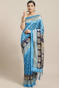 Blue printed art silk saree with blouse