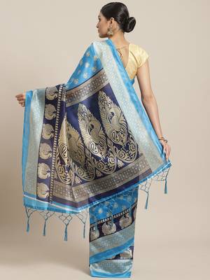 Blue printed art silk saree with blouse 2