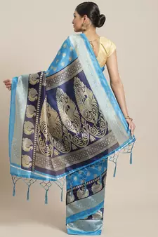 Blue printed art silk saree with blouse