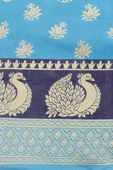 Blue printed art silk saree with blouse