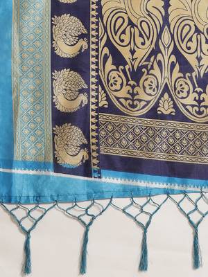 Blue printed art silk saree with blouse 4