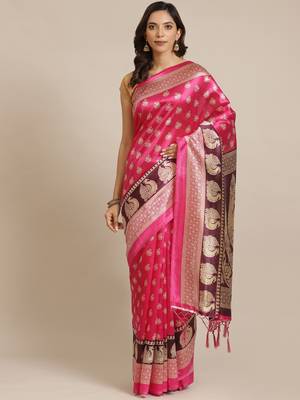 Pink printed art silk saree with blouse 1