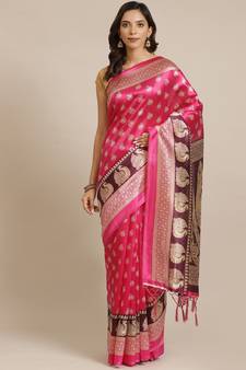 Pink printed art silk saree with blouse
