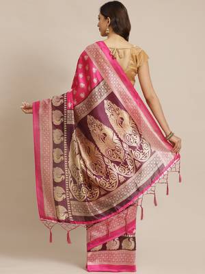 Pink printed art silk saree with blouse 2