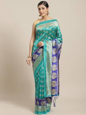 Green printed art silk saree with blouse 1