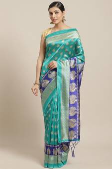 Green printed art silk saree with blouse