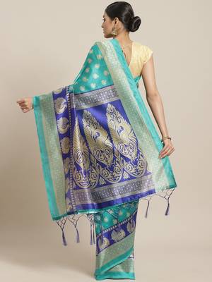 Green printed art silk saree with blouse 2