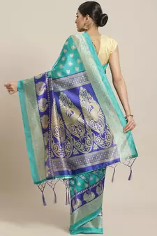 Green printed art silk saree with blouse