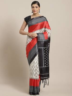 Black printed art silk saree with blouse 1
