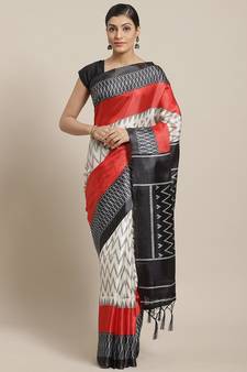 Black printed art silk saree with blouse