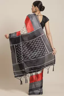 Black printed art silk saree with blouse