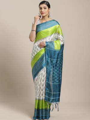 Green printed art silk saree with blouse 1