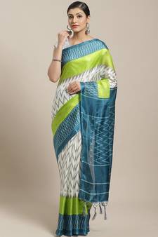 Green printed art silk saree with blouse