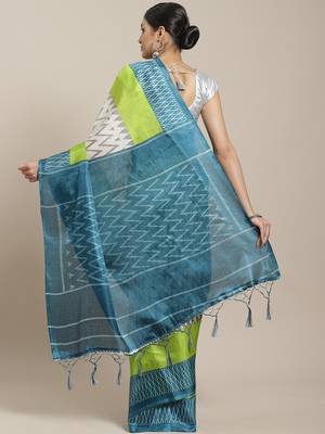 Green printed art silk saree with blouse 2