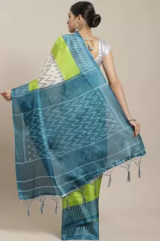 Green printed art silk saree with blouse