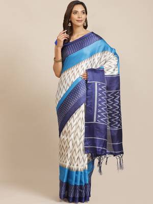 Blue printed art silk saree with blouse 1