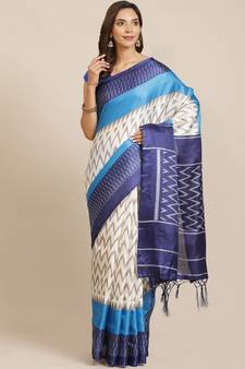Blue printed art silk saree with blouse