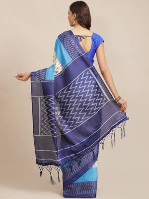 Blue printed art silk saree with blouse 2