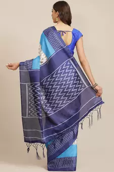 Blue printed art silk saree with blouse
