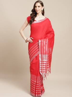 Red woven blended cotton saree with blouse 1