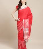 Red woven blended cotton saree with blouse