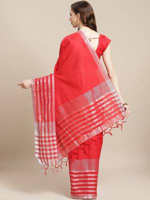 Red woven blended cotton saree with blouse 2