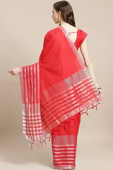 Red woven blended cotton saree with blouse