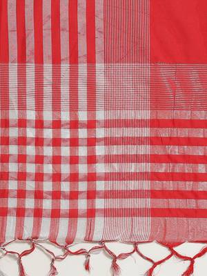 Red woven blended cotton saree with blouse 4