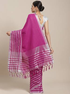 Purple woven blended cotton saree with blouse 2