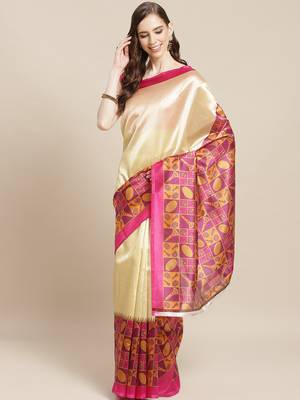 Pink printed art silk saree with blouse 1