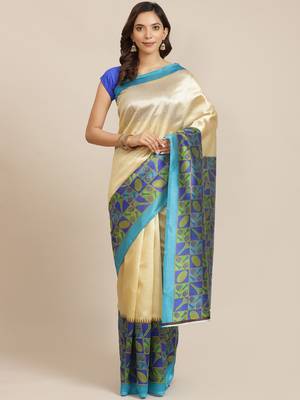 Blue printed art silk saree with blouse 1