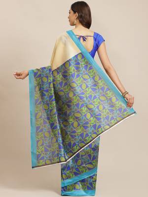 Blue printed art silk saree with blouse 2