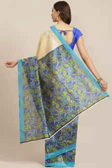 Blue printed art silk saree with blouse