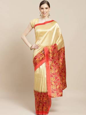 Red printed art silk saree with blouse 1