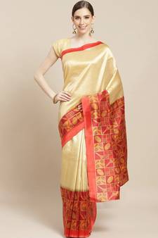 Red printed art silk saree with blouse