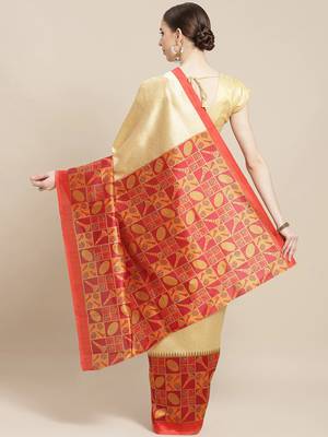 Red printed art silk saree with blouse 2