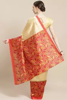 Red printed art silk saree with blouse