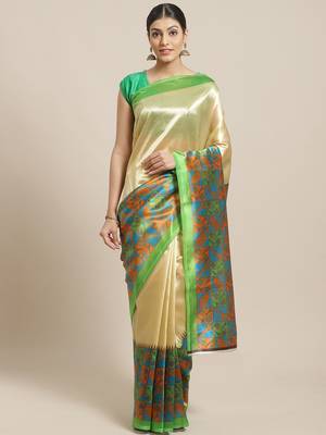 Green printed art silk saree with blouse 1