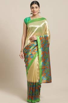 Green printed art silk saree with blouse